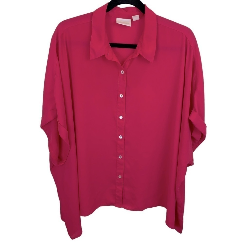Chico's sz 3/XL Hot Pink Fuchsia Oversized Short Sleeve Button Up Blouse